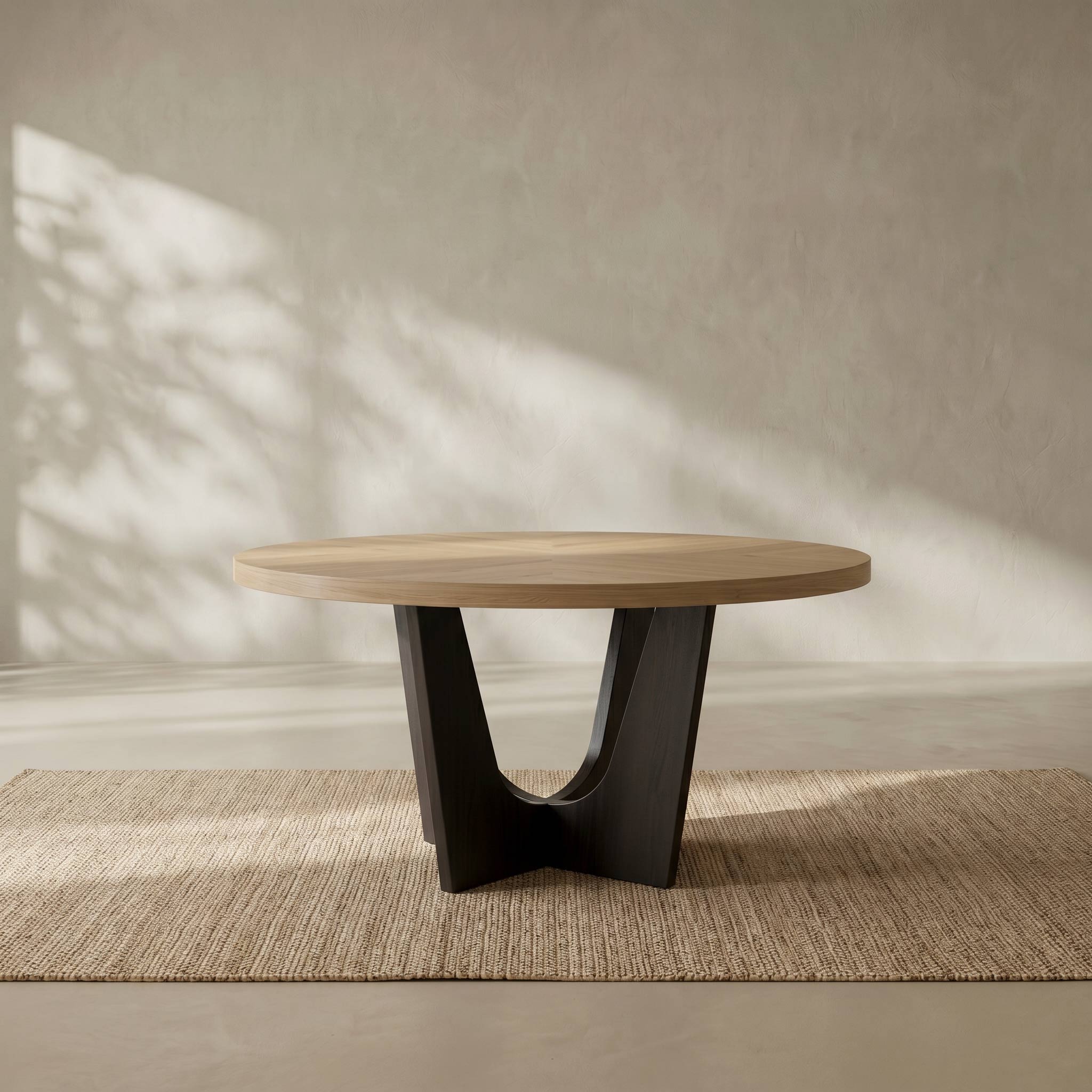 A modern round coffee table with a light natural wood top and a sculptural black metal base, set on a woven jute rug against a textured beige wall with soft leaf shadows.