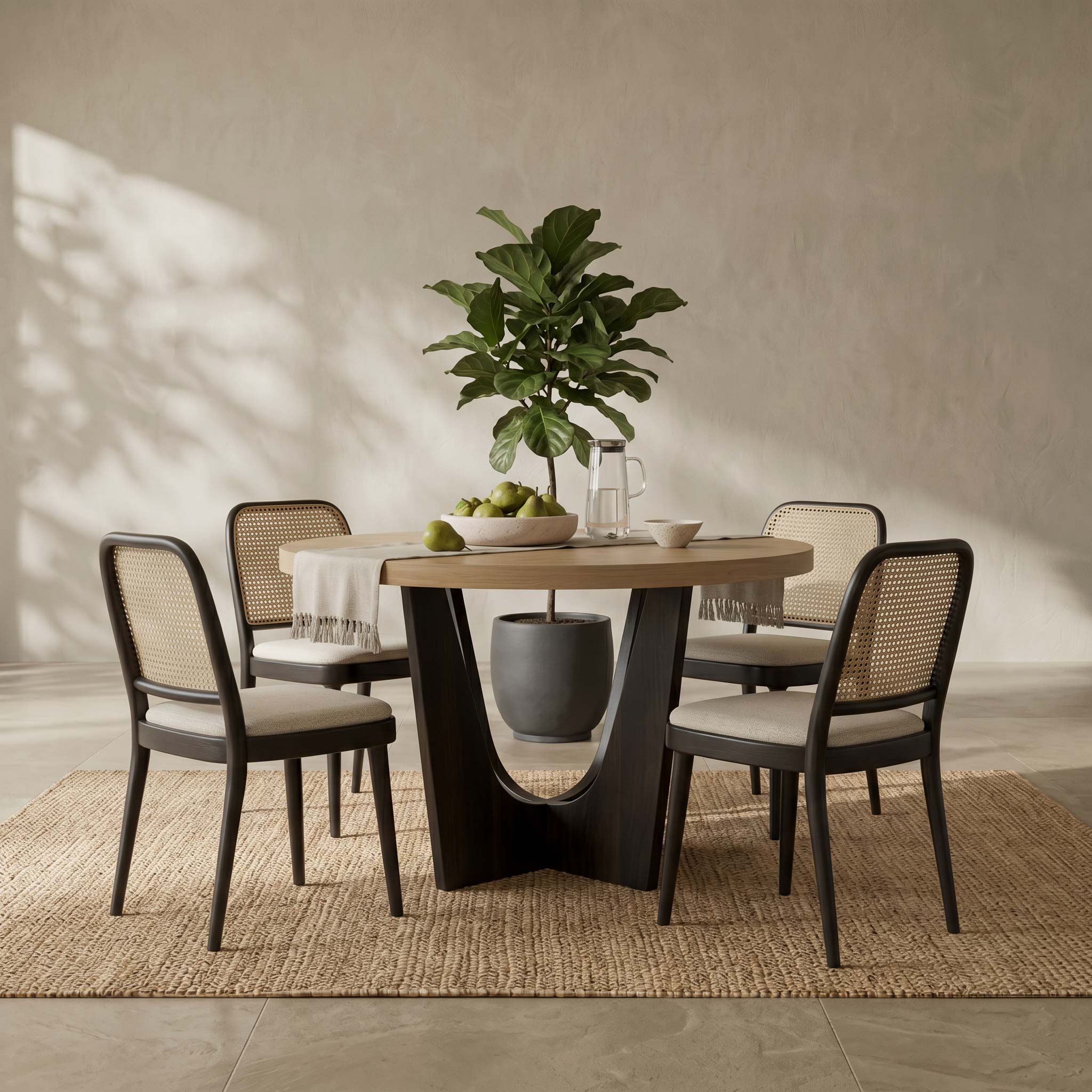 A 5-piece dining set featuring a round light oak table with a sculptural dark metal base and four matching chairs with woven cane backs and cream cushions, styled on a jute rug against a textured beige wall.