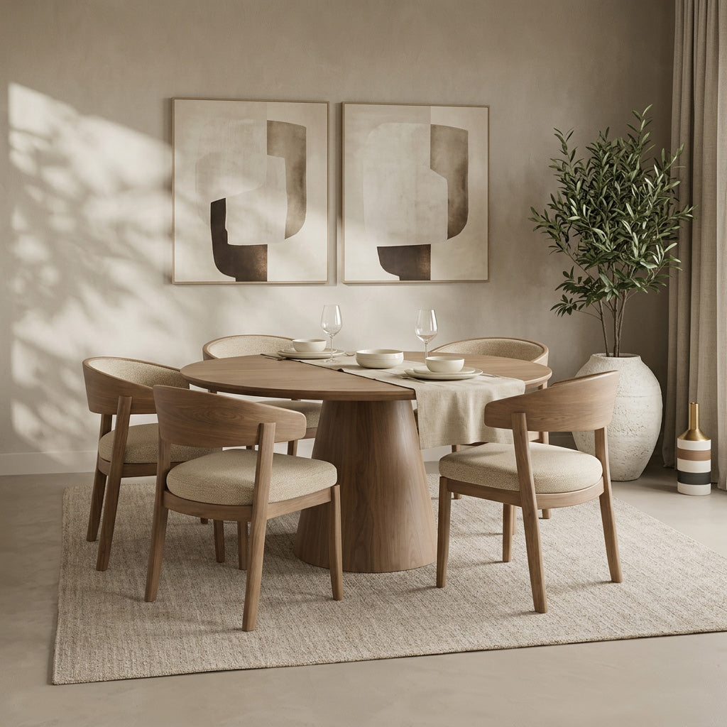 A round wooden dining table with six upholstered wooden chairs in a warm, modern dining room setting. The room features a neutral beige color palette, abstract wall art, a large potted plant in a textured vase, and soft natural light casting shadows on the wall.