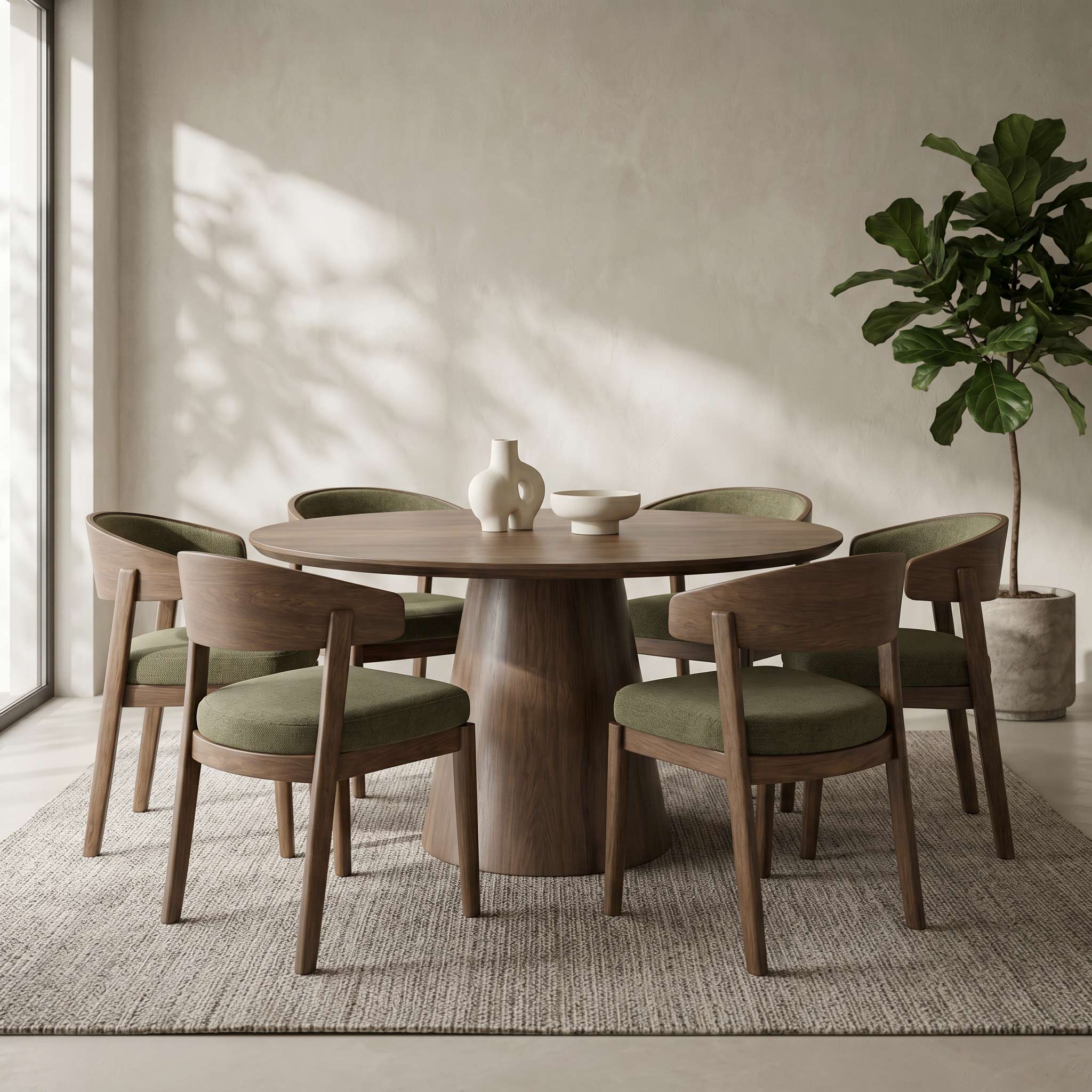 A round wooden dining table with six matching wooden chairs featuring olive green upholstered seats, arranged on a textured beige rug in a bright, modern dining room with natural light and a potted plant.