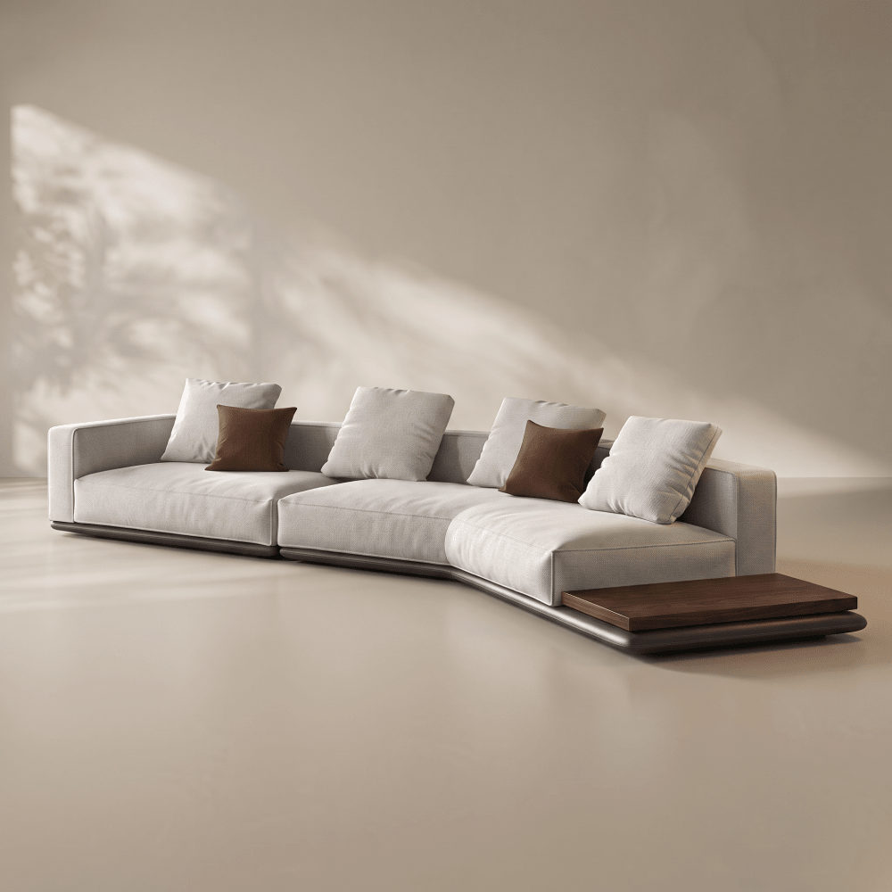 A modern curved modular sofa in light gray fabric with two dark brown accent pillows and a matching low rectangular side table, set in a minimalist beige room with soft shadow projections.