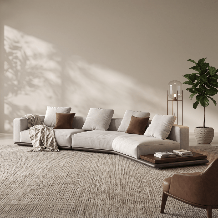 A curved modular sectional sofa in a light beige fabric, styled with brown and white throw pillows, a textured throw blanket, and a small wooden coffee table in a modern, sunlit living room.