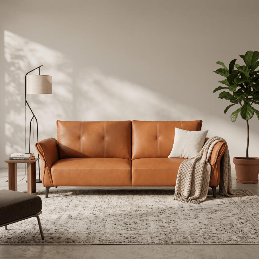 A warm tan leather loveseat sofa in a styled living room setting, featuring a white throw pillow, a beige knit throw blanket, a patterned area rug, a black floor lamp, and a potted green plant against a neutral beige wall.