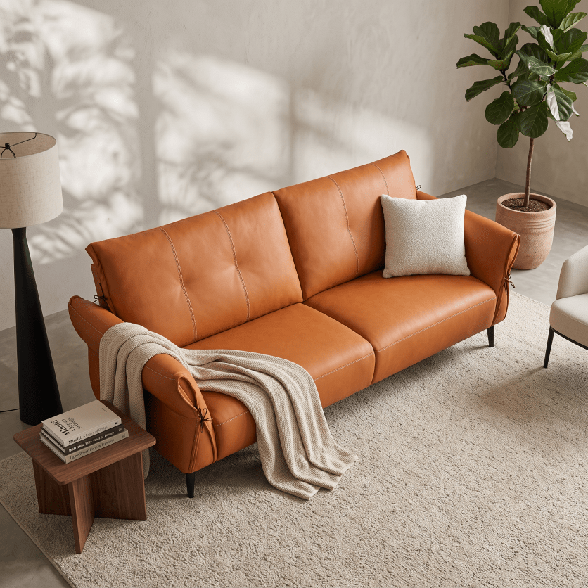 A modern two-seater sofa in warm tan leather, styled in a bright living room with a cream throw blanket, a white pillow, a small wooden side table with books, a floor lamp, and a potted fiddle-leaf fig plant.