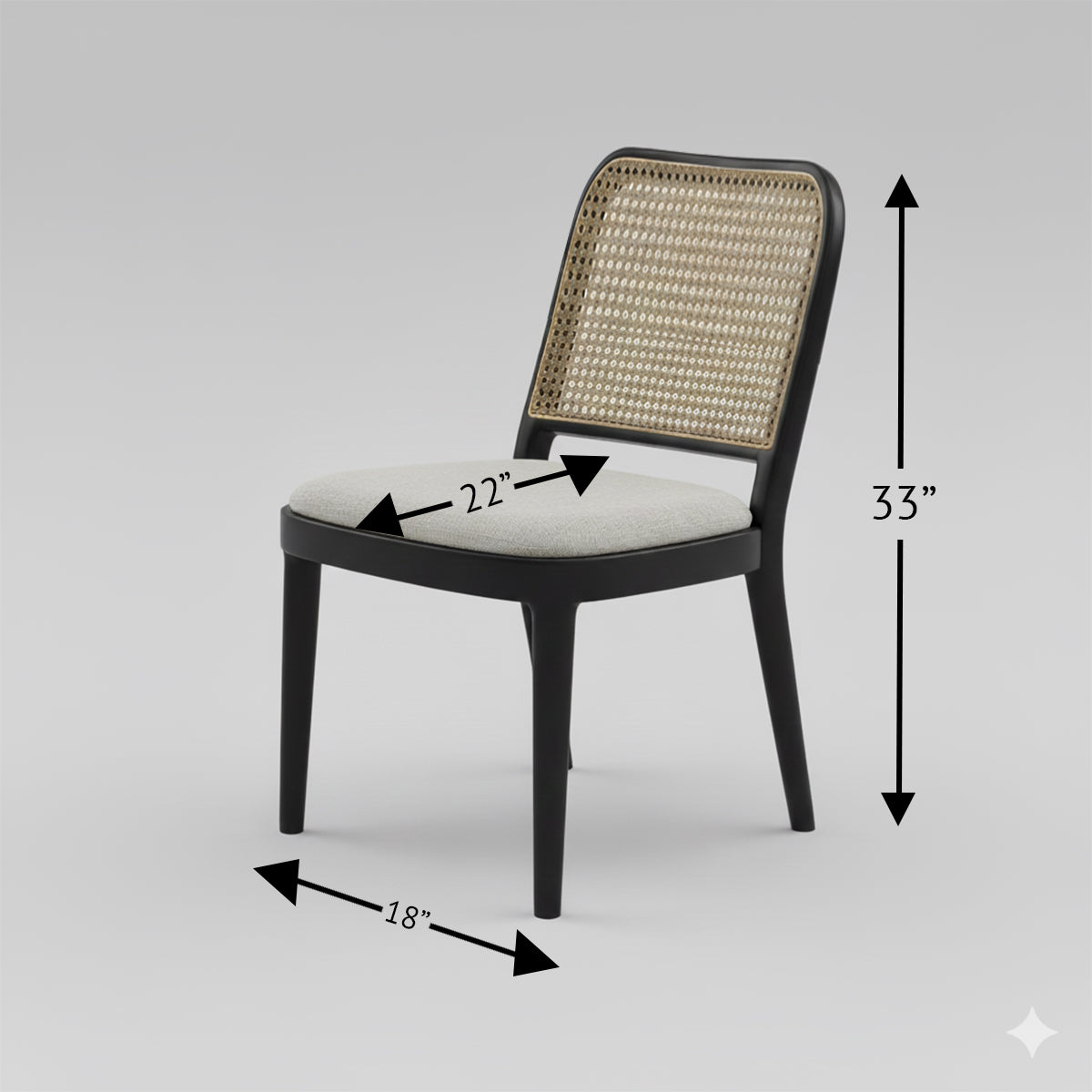 Modern rattan back dining chair with cushioned seat and dimensions marked for 33-inch height and 22-inch depth.
