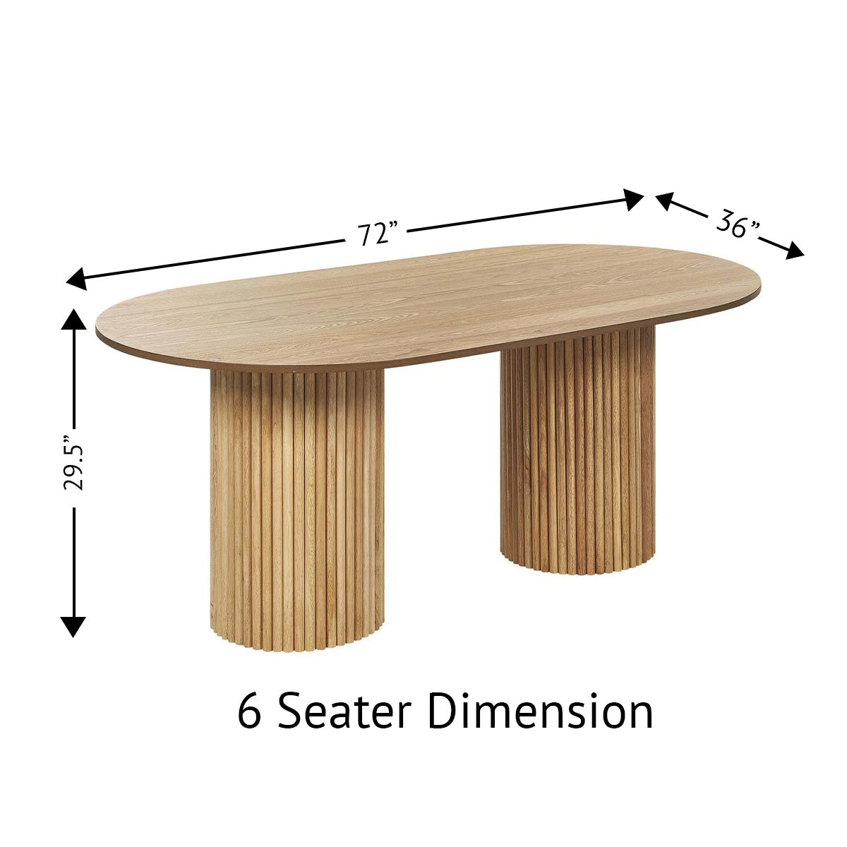Oval wood dining table with slatted double pedestal base and dimensions (72"L x 36"W x 29.5"H) for 6 seater.