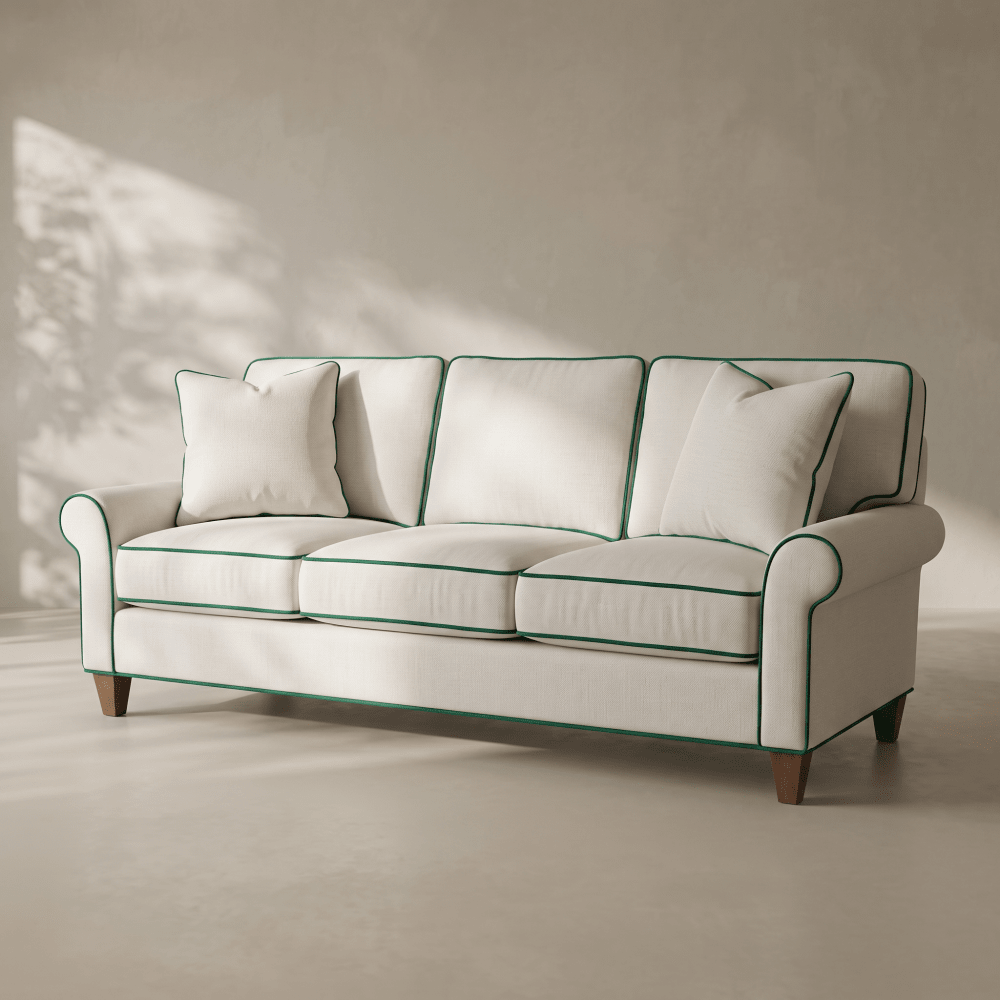 A cream-colored three-seater sofa with green piping trim and four matching throw pillows, set against a warm beige textured wall with soft leaf shadows.