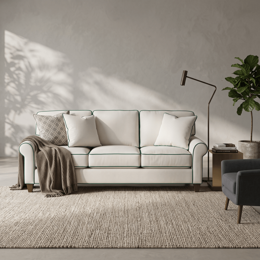 A cream-colored three-seater sofa with thin green piping and white throw pillows, styled in a modern living room setting with a textured beige rug, a brown throw blanket, a floor lamp, and a potted plant.