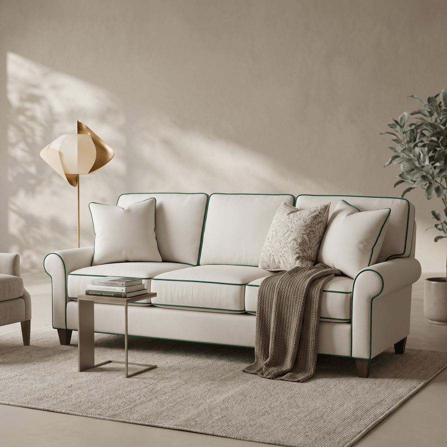 A cream-colored three-seater sofa with dark green piping, styled in a modern living room setting with a matching throw blanket, decorative pillows, a small side table, a floor lamp, and a potted plant.