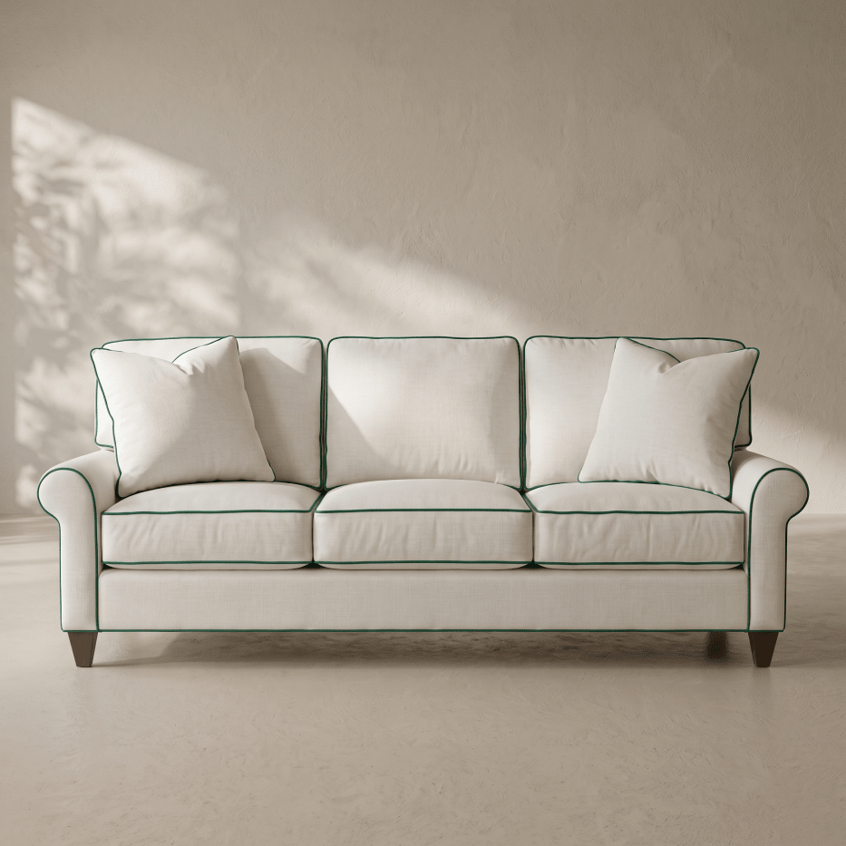 A three-seat sofa upholstered in warm off-white fabric with thin dark green piping trim, styled with four matching throw pillows. The sofa is positioned against a textured beige wall with soft, dappled sunlight casting shadows, and stands on dark wooden legs.