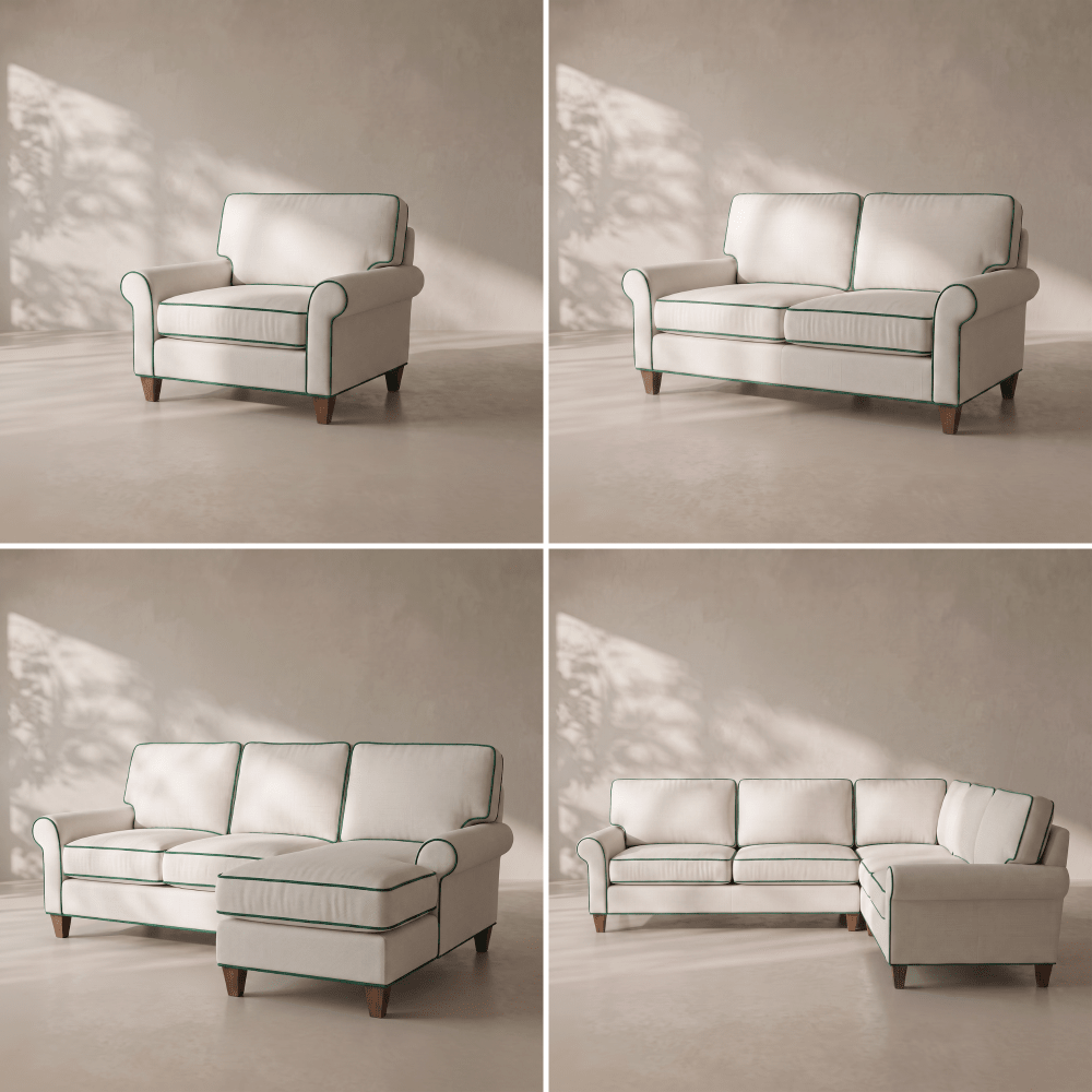 Four-panel studio presentation of a modular upholstered sofa set in warm off-white with thin dark green piping and dark wooden legs, shown in multiple configurations against a beige wall with soft leaf shadows.