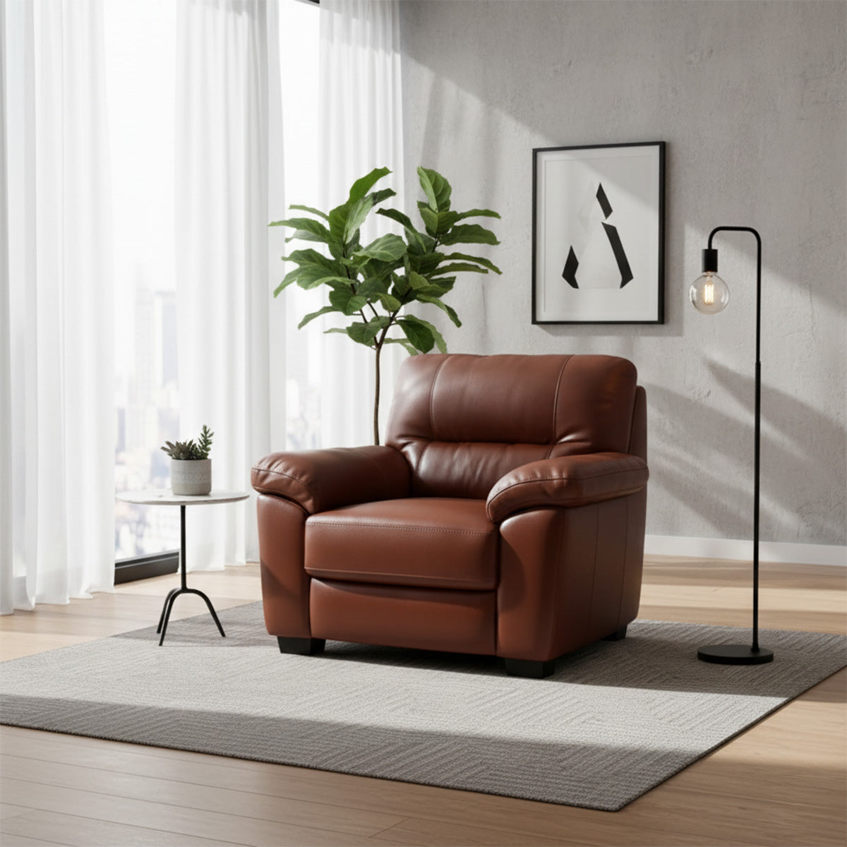 A cozy, brown leather 1-seater armchair (single seater) from the EMERY collection, placed in a bright, modern corner with a potted plant, a small side table, and a black floor lamp.