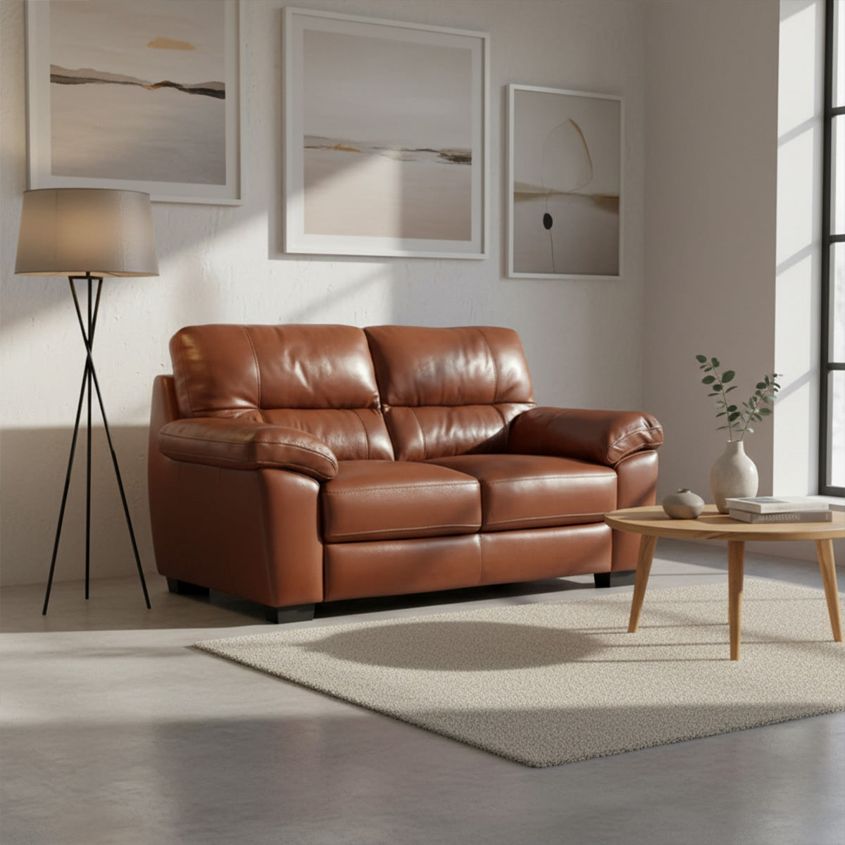 A brown leather 2-seater loveseat in a minimalist room with white walls, three abstract art prints, and a black tripod floor lamp with a beige shade.