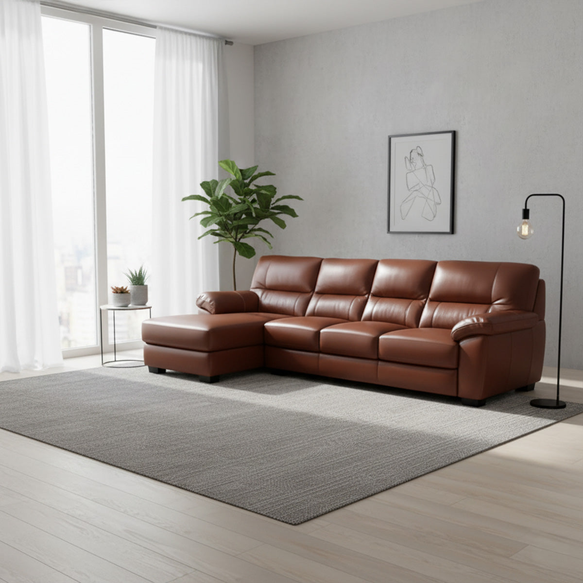 A large brown leather 3-seater sofa with a right-hand side (RHS) chaise lounge in a sunny room with a light gray textured wall and a plain gray rug over wood floors.
