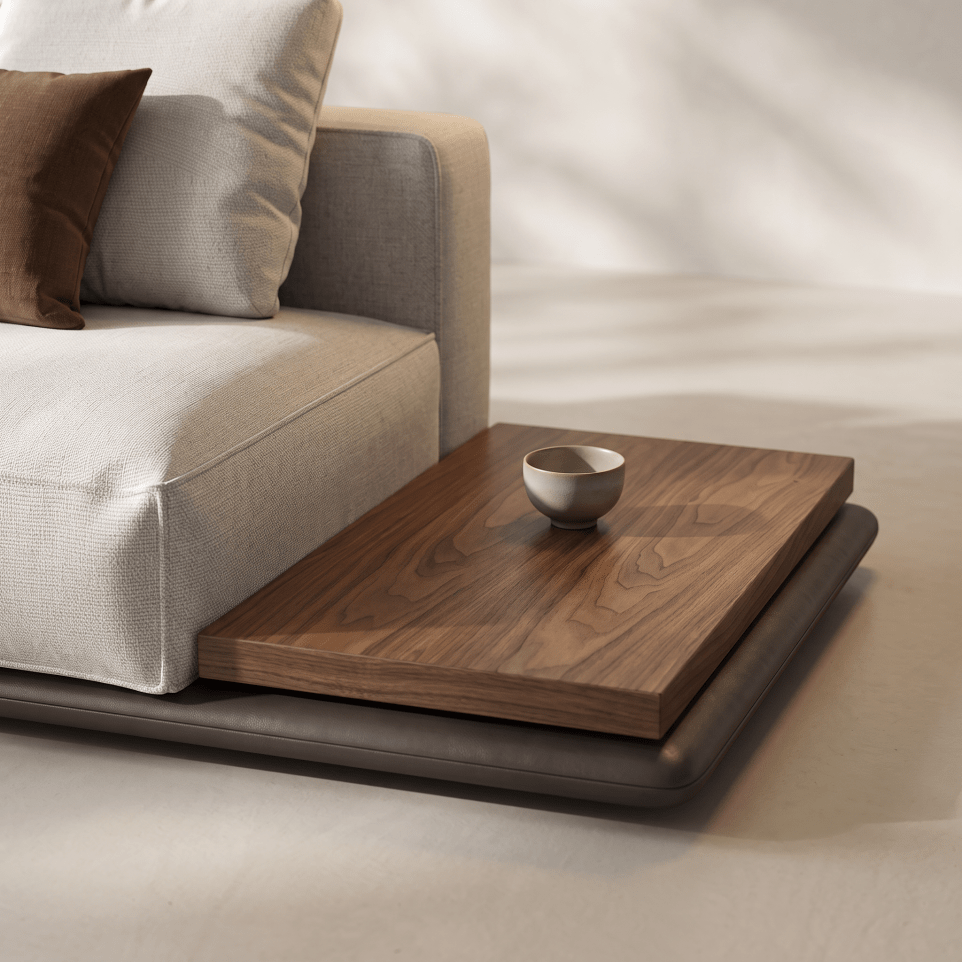 A modern low-profile sofa in light beige fabric with a dark wood tray table mounted on the side, holding a small ceramic bowl, set in a minimalist room with soft natural light.