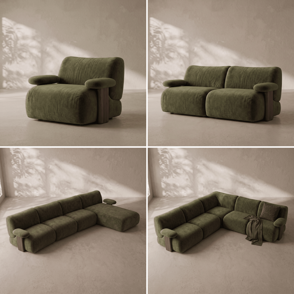 A four-panel collage showing an olive green modular upholstered sofa in different configurations: single seat, loveseat, sectional corner, and fully assembled with a throw blanket. The background is a minimalist beige room with soft leafy shadows.