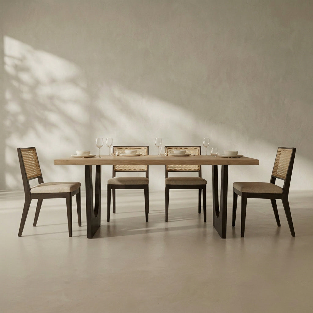 A rectangular wooden dining table with four matching chairs in a minimalist dining room setting with warm natural light casting leaf shadows on the wall.