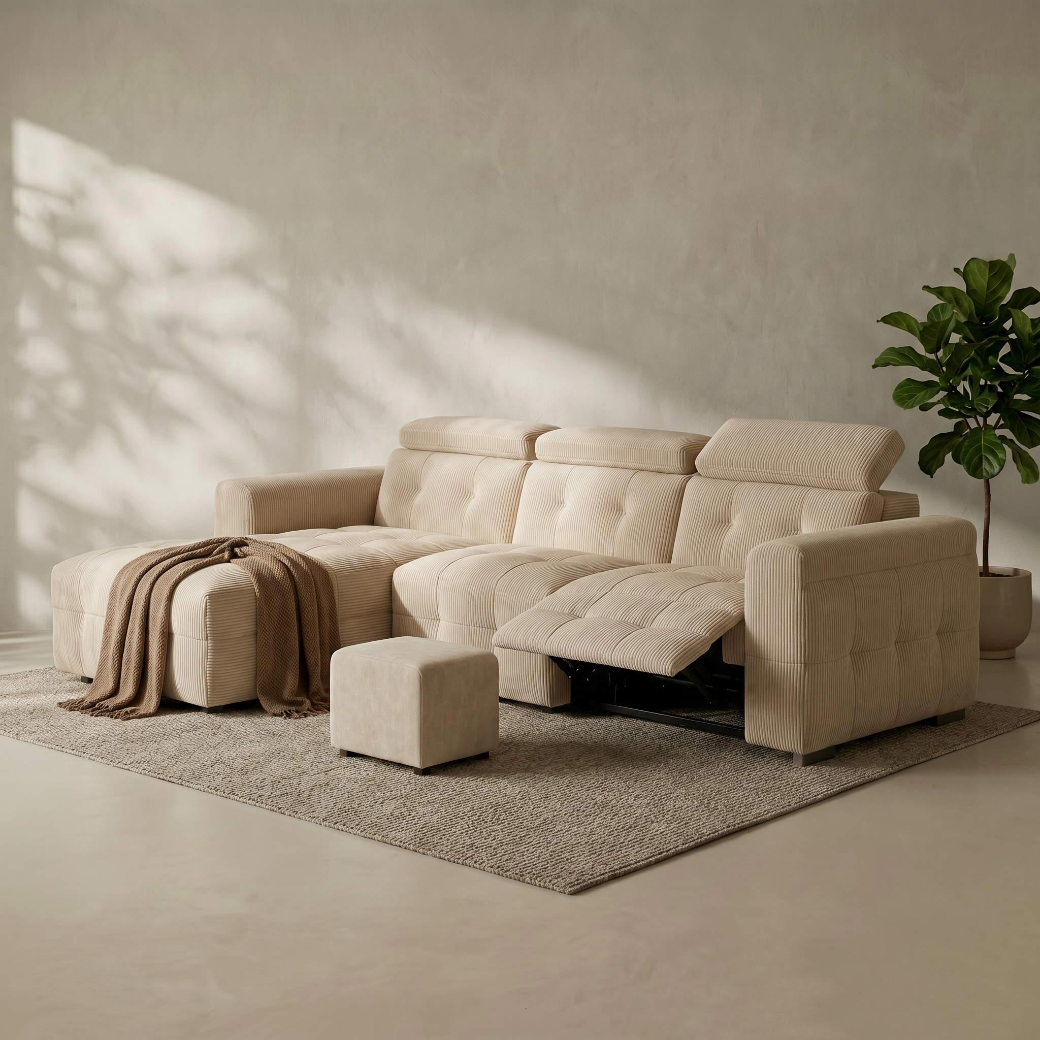 Beige sectional sofa in a room with a plant and rug