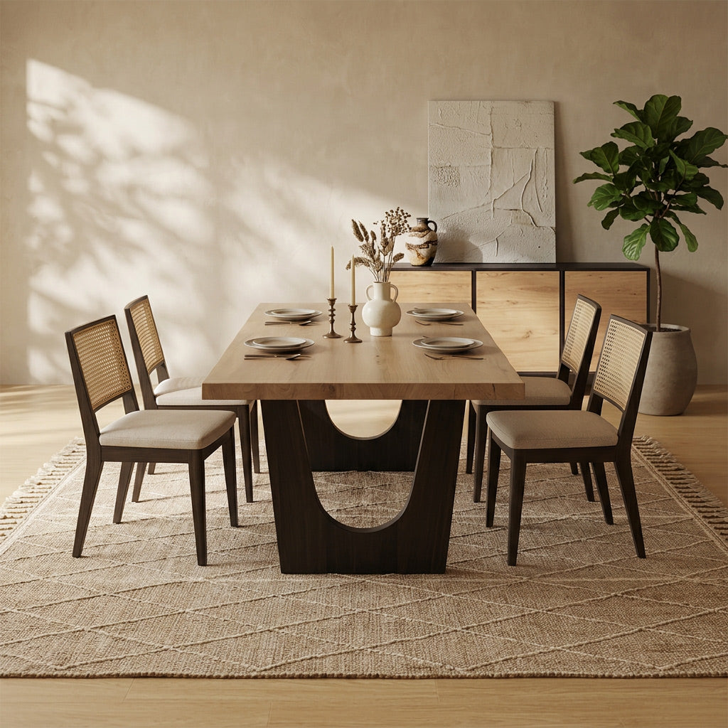 A modern dining room scene featuring a rectangular wooden dining table with a sculptural dark wood base and four matching woven-back chairs with light upholstered seats, set on a textured rug in a warm neutral room.