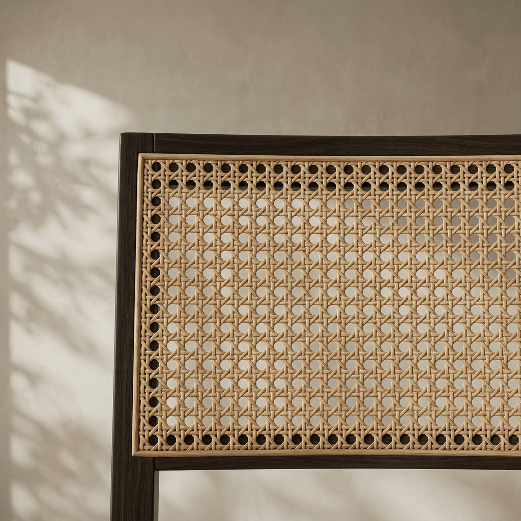 Close-up of a wooden chair back featuring a woven cane or rattan panel with a dark brown frame, set against a textured light gray wall with soft leaf shadows.
