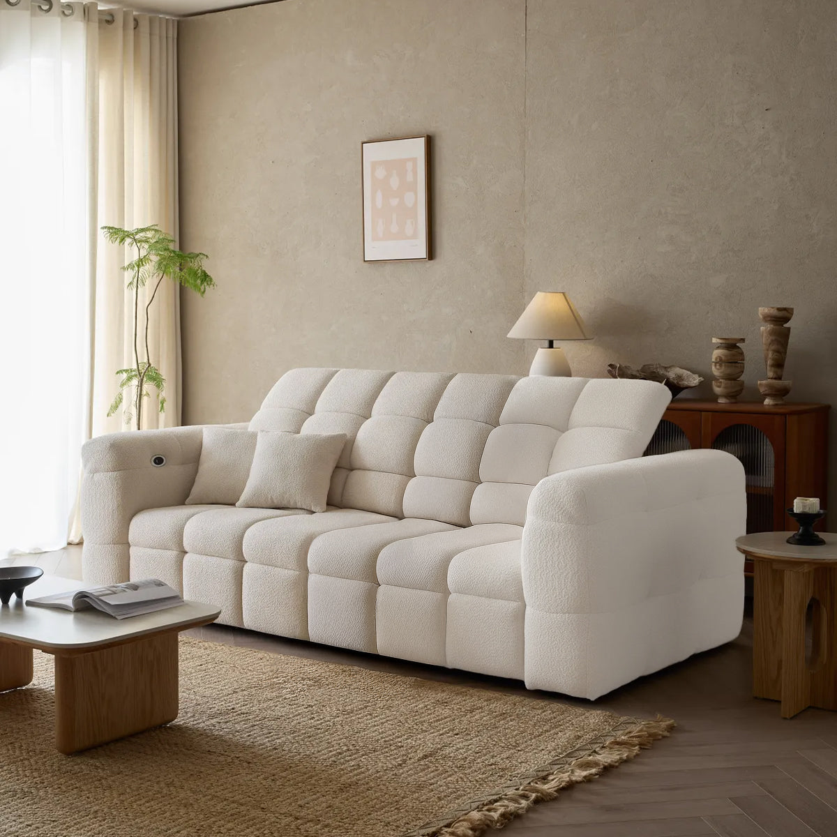 Lennon Cloud Bouclé Sofa Bed shown in its standard, compact tufted loveseat position with clean lines.