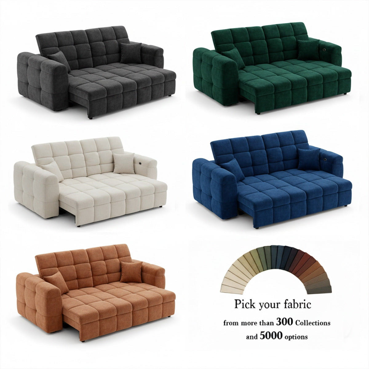Display of five color variations of the modular sofa/sofa bed with quilted texture: dark grey, emerald green, cream/beige, royal blue, and terracotta brown. Also features a large fabric swatch selector.