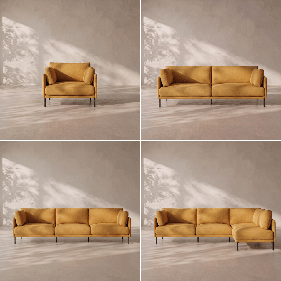 A four-panel collage showing the same mustard-yellow upholstered sofa in different configurations: single armchair, two-seater, three-seater, and chaise lounge. The sofas are photographed in a minimalist room with a textured beige wall and floor, with dappled light casting leaf shadows.