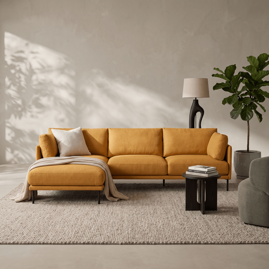 A mustard yellow sectional sofa with a chaise lounge in a modern living room setting, styled with a white throw pillow, a beige throw blanket, a small black side table, a floor lamp, and a potted fiddle-leaf fig plant.