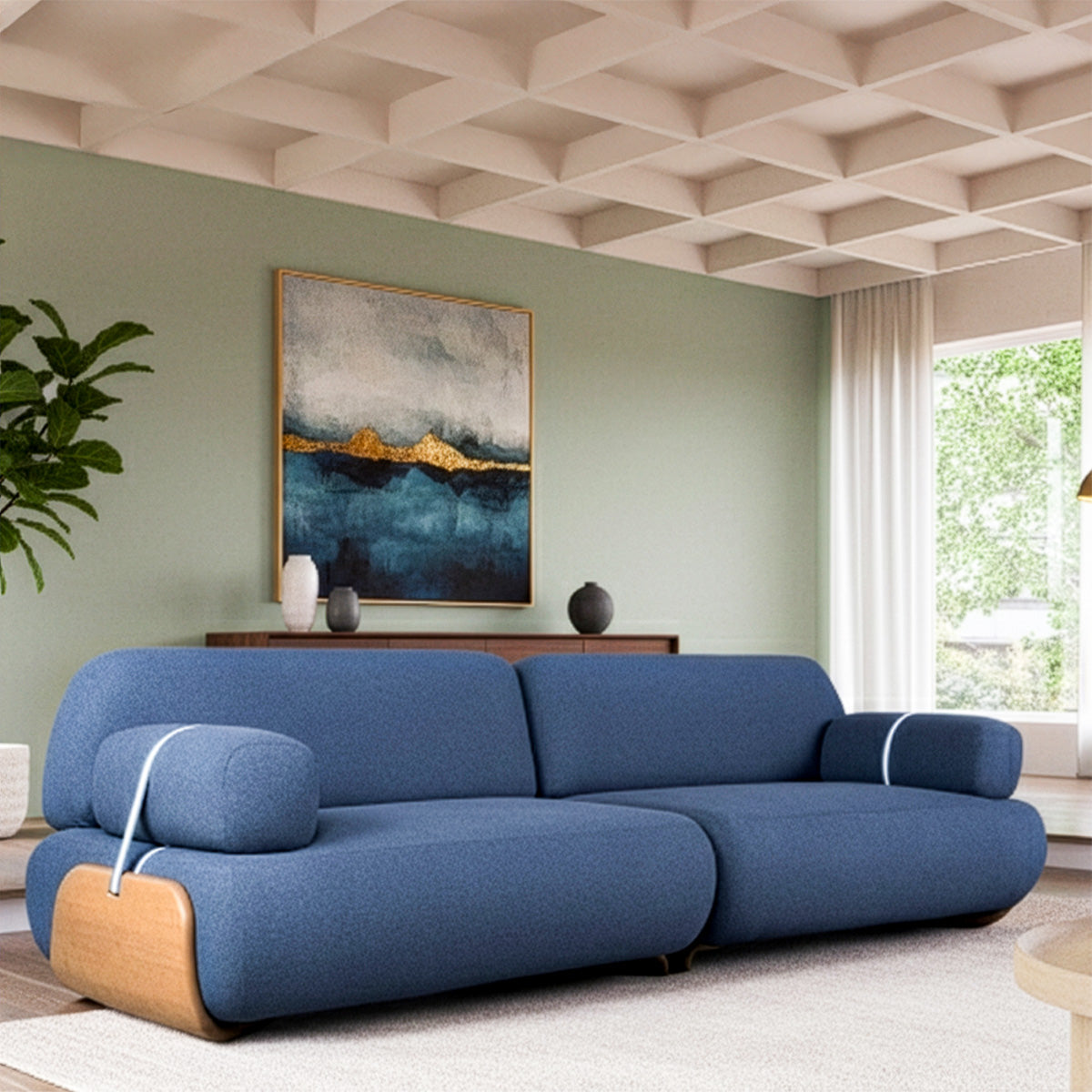 Blue sofa in a modern living room with abstract art on the wall.