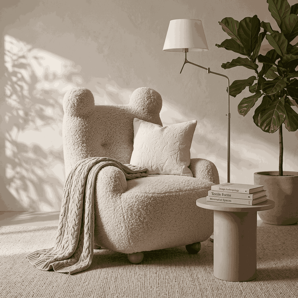 A cozy cream-colored bouclé armchair with bear ears on the back, styled with a matching throw blanket and pillow in a sunlit room. A small side table, a floor lamp, and a potted fiddle-leaf fig plant are arranged nearby.