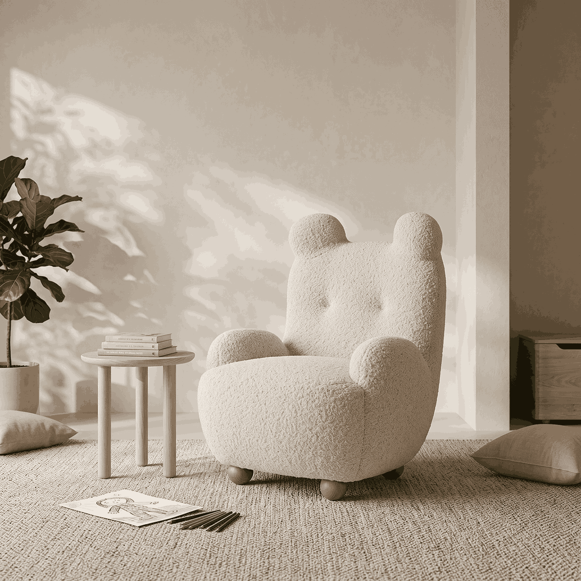A plush, cream-colored armchair with bear ears on the back, styled in a warm, minimalist room with a small side table, potted plant, and soft pillows.