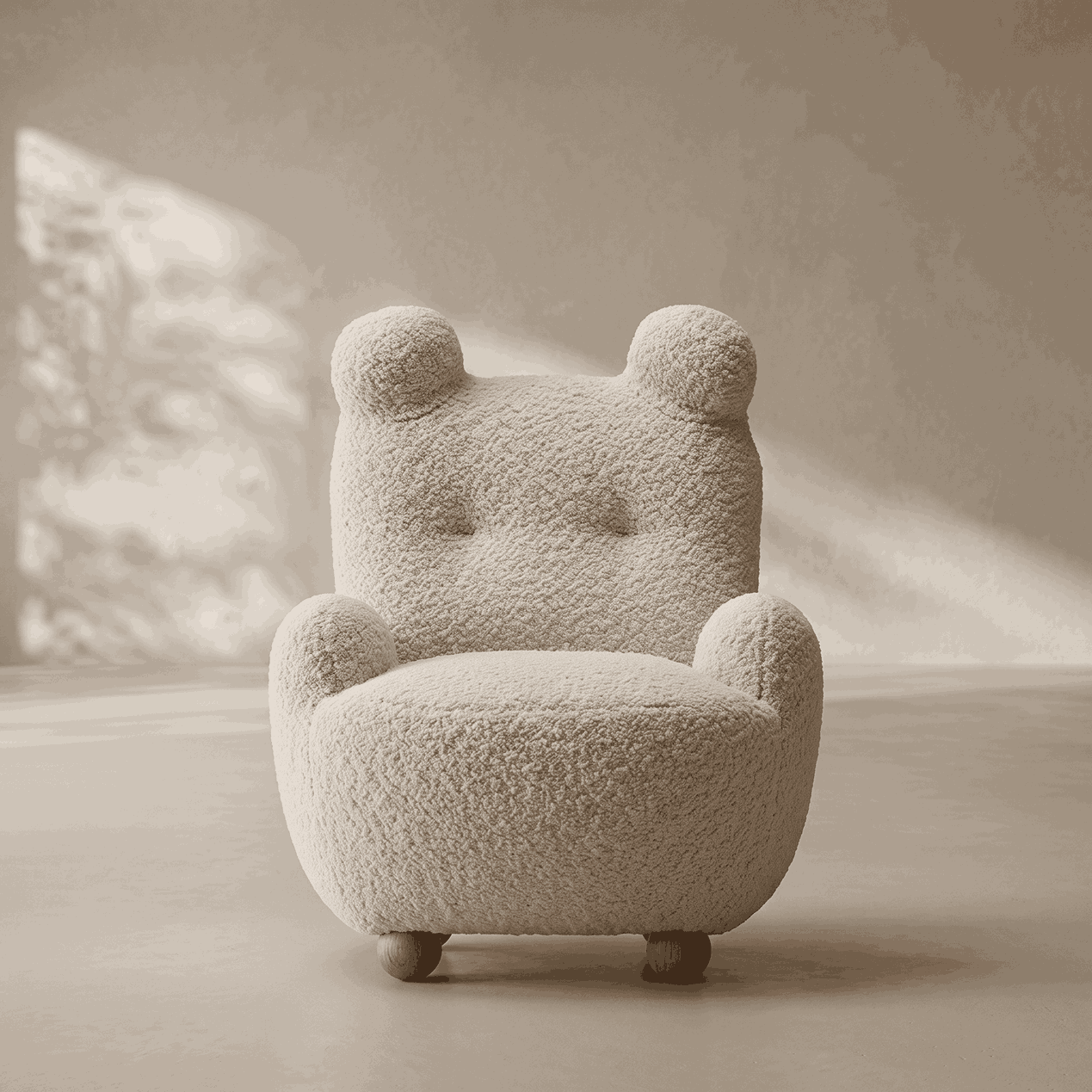 A teddy bear-shaped armchair upholstered in textured boucle fabric, shown in a warm neutral room with soft sunlight and shadows.