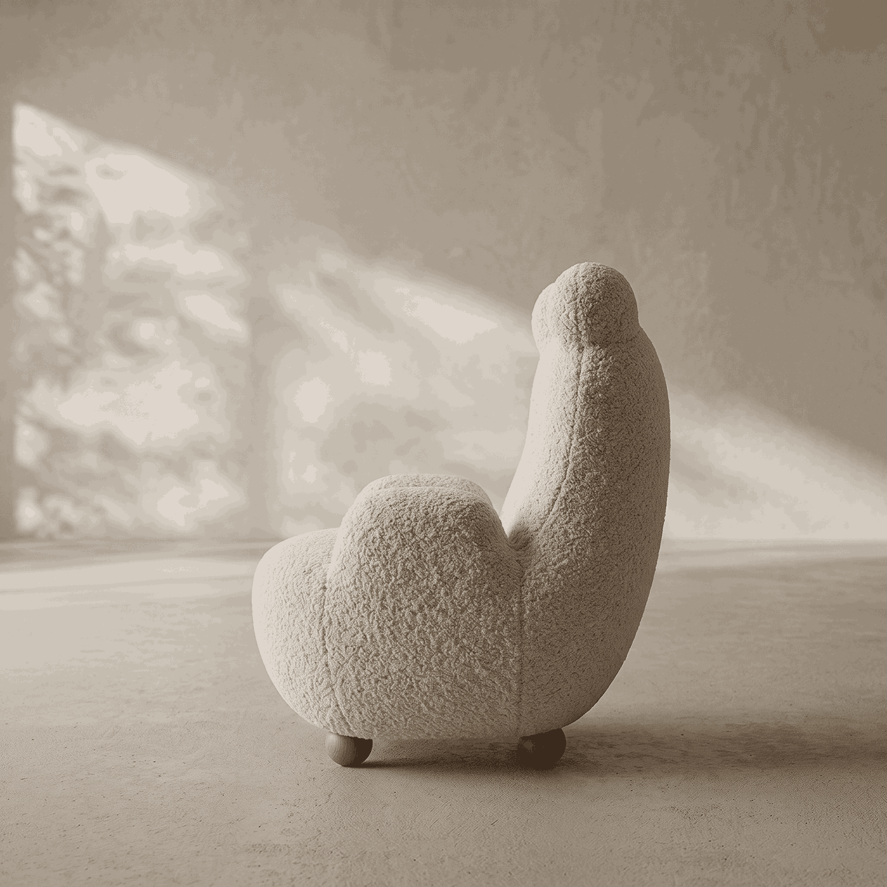 A modern, sculptural armchair upholstered in a textured bouclé fabric, shown from a low angle in a minimalist room with soft, warm sunlight and shadows.