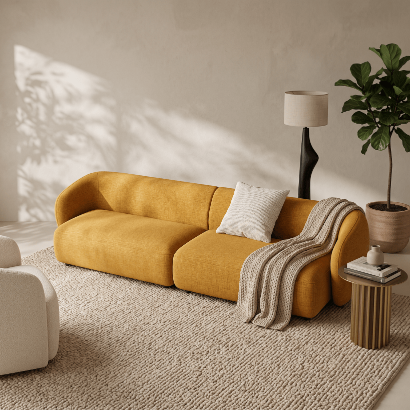 A modern mustard yellow fabric sofa in a styled living room setting, featuring a textured cream throw pillow, a beige knit throw blanket, a black sculptural floor lamp, and a potted fiddle-leaf fig plant.