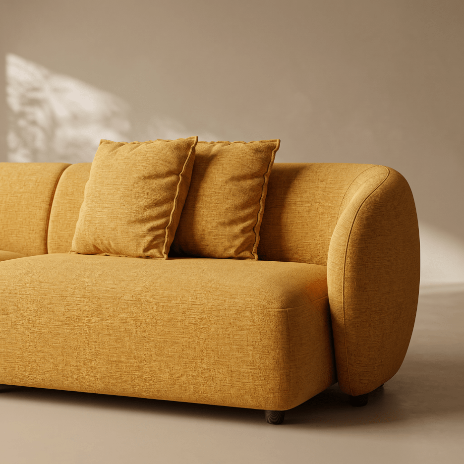 A mustard yellow upholstered sofa with two matching throw pillows, photographed in a warm neutral room with soft sunlight and shadows.