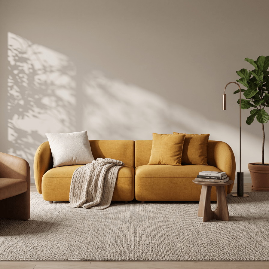 A mustard yellow fabric sofa in a styled living room setting, decorated with a white throw pillow, a matching yellow pillow, a beige knit throw blanket, a small wooden side table with books, a floor lamp, and a potted plant.