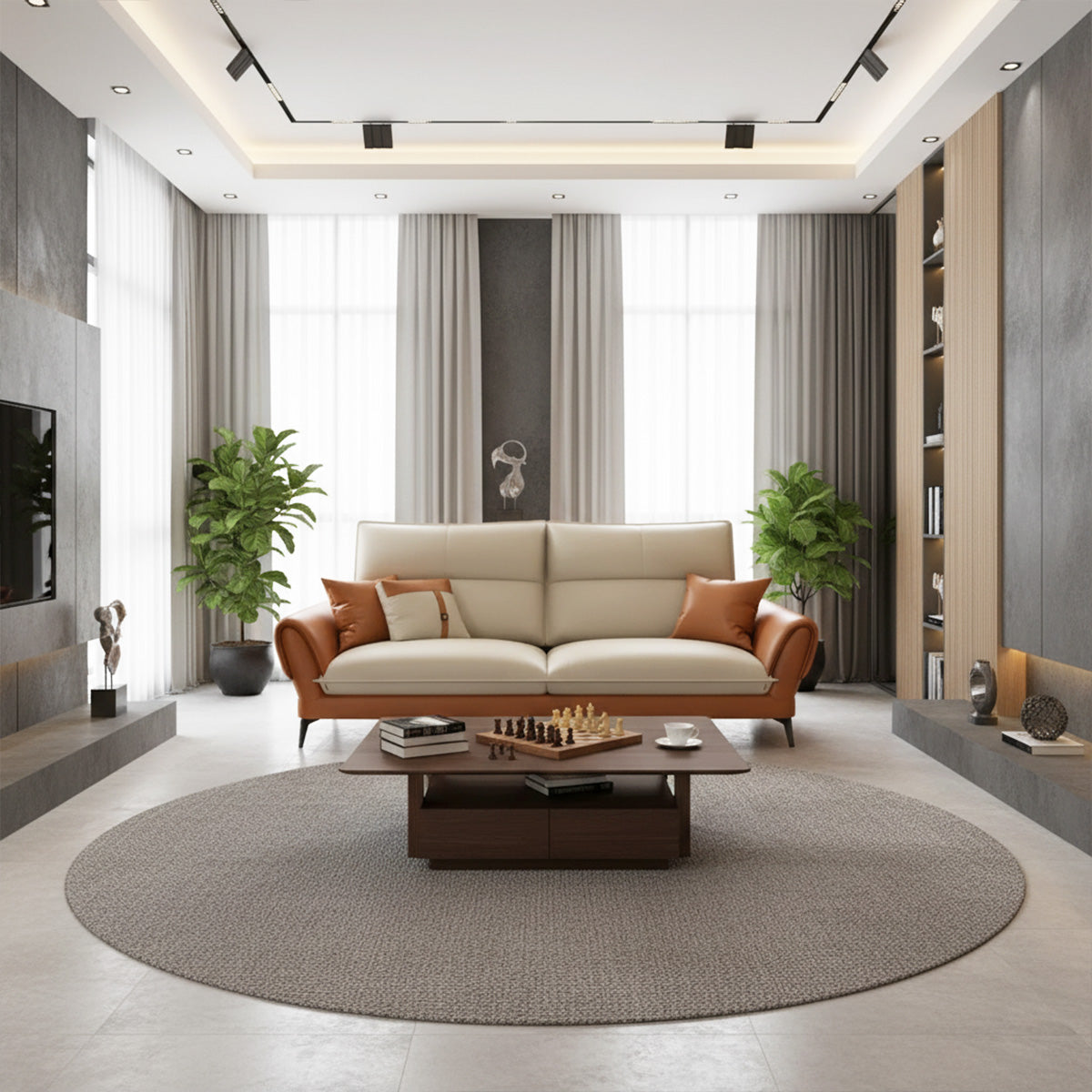 A two-seater NOVA sofa with tan leather accents and a cream seating area, centered in a contemporary living room. The room has high ceilings, track lighting, and sheer white curtains. The sofa is placed on a round gray rug in front of a dark accent wall. A square coffee table with a chess set is in front of the sofa.