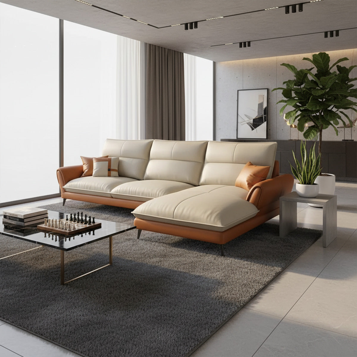 A contemporary NOVA sectional sofa composed of a two-seater section and a left-hand facing chaise lounge (LHS). The sofa has cream cushions and a tan leather base. It is placed on a dark gray rug in a bright, industrial-style room with concrete walls and track lighting.