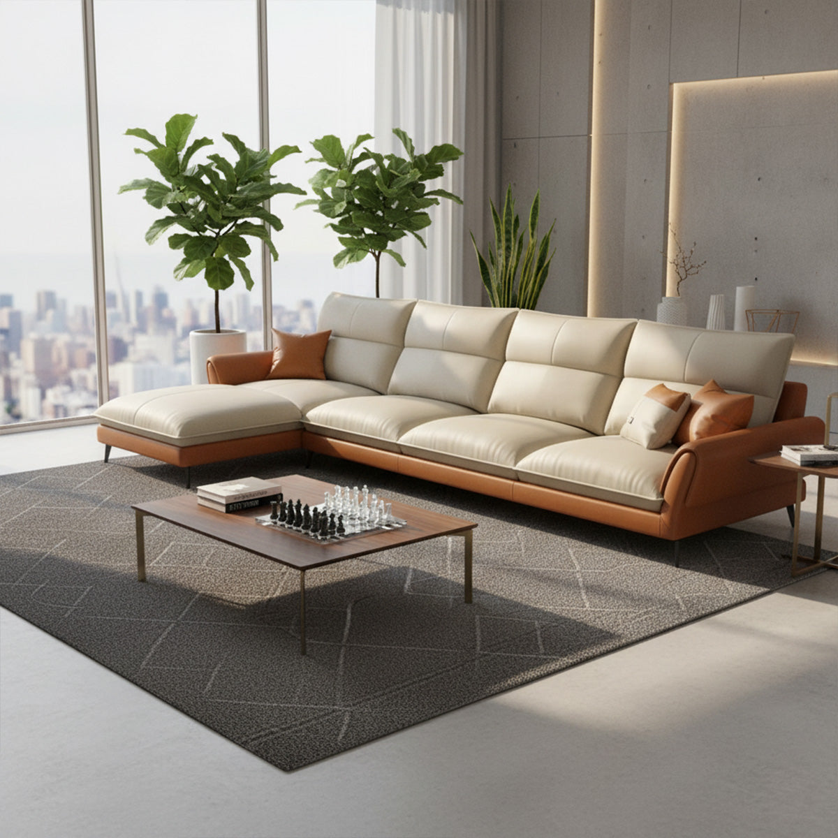 A large NOVA sectional sofa featuring a three-seater section and a right-hand facing chaise lounge (RHS). The sofa is upholstered in cream cushions with a tan leather base and arms. It is situated in a modern, sunlit room with floor-to-ceiling windows showing a city view. A dark wood coffee table with a chess set is placed on a dark gray geometric rug.