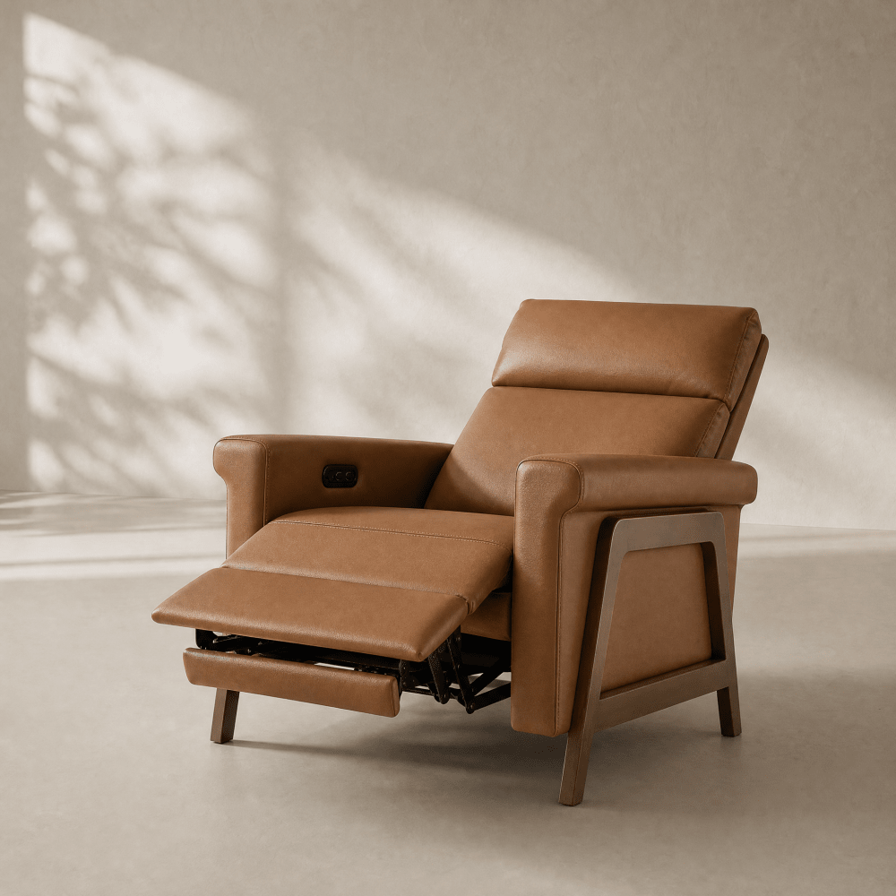 A tan leather recliner chair with a wooden frame and extended footrest, photographed in a minimalist room with soft shadow patterns on the wall.