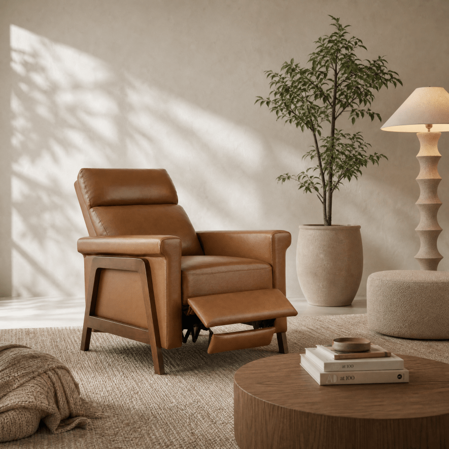 A tan leather recliner chair with a wooden frame and extended footrest, styled in a warm, modern living room setting with a potted plant, a table lamp, a round coffee table, and a textured rug.