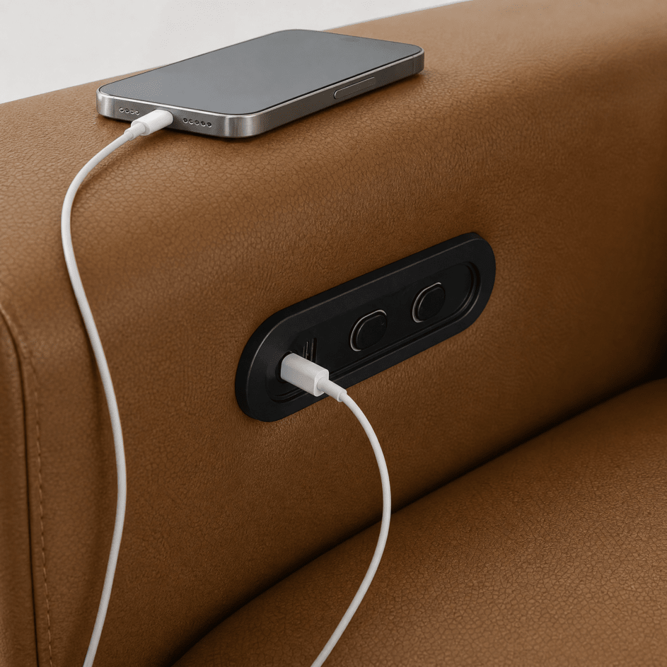 Close-up of a brown leather armchair with a black side outlet panel, a smartphone plugged in, and a white charging cable running down the chair.