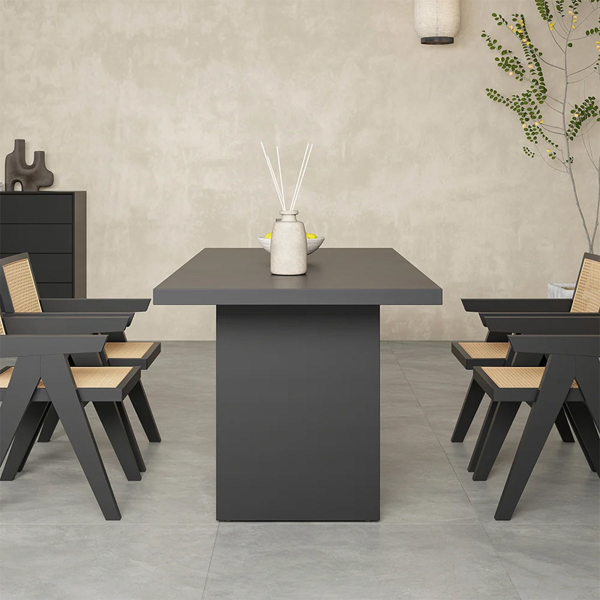 Contemporary dining room setup with black pedestal table, cane chairs, and subtle plant decor, highlighting spacious aesthetic.
