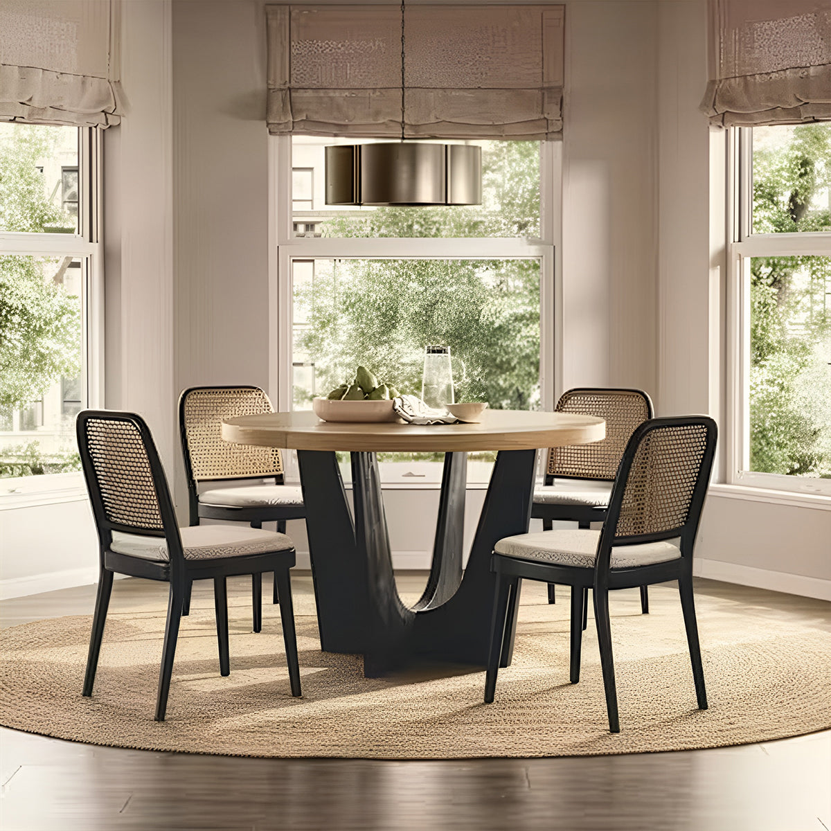 Modern round dining table set with rattan back chairs in a bright contemporary dining room.