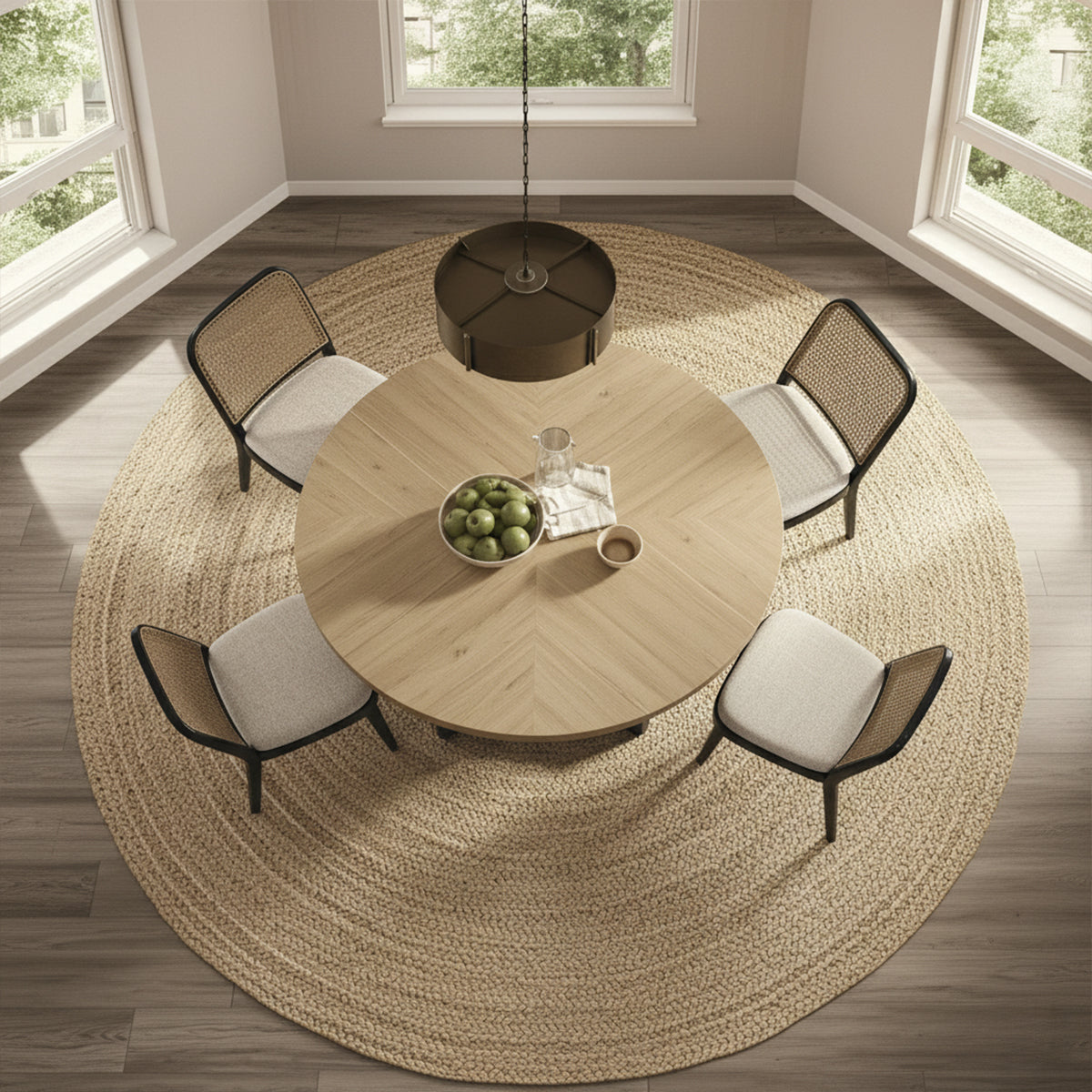 Top view of round wooden dining table with black base and rattan dining chairs on a woven rug.