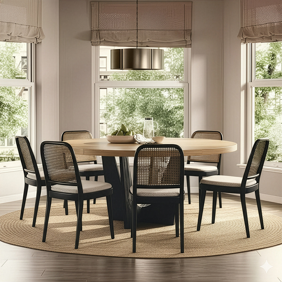 Stylish 6-seater round dining table with natural wood top and modern rattan chairs in a cozy room setting.