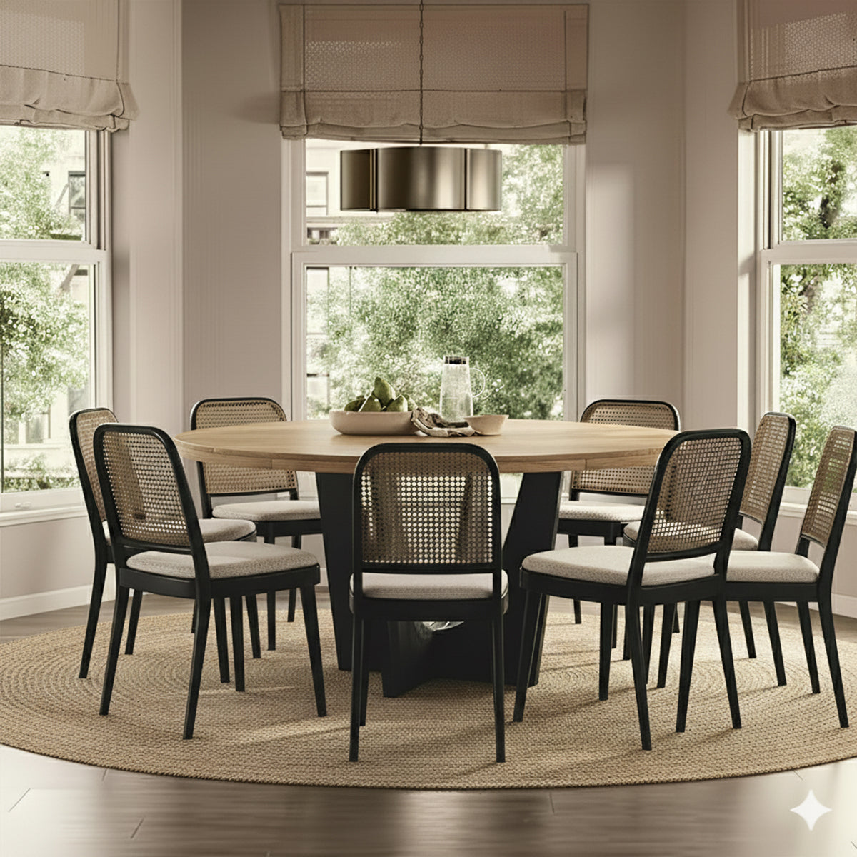 Elegant 8-seater round dining table set with rattan chairs and wooden tabletop in a sunlit dining area.