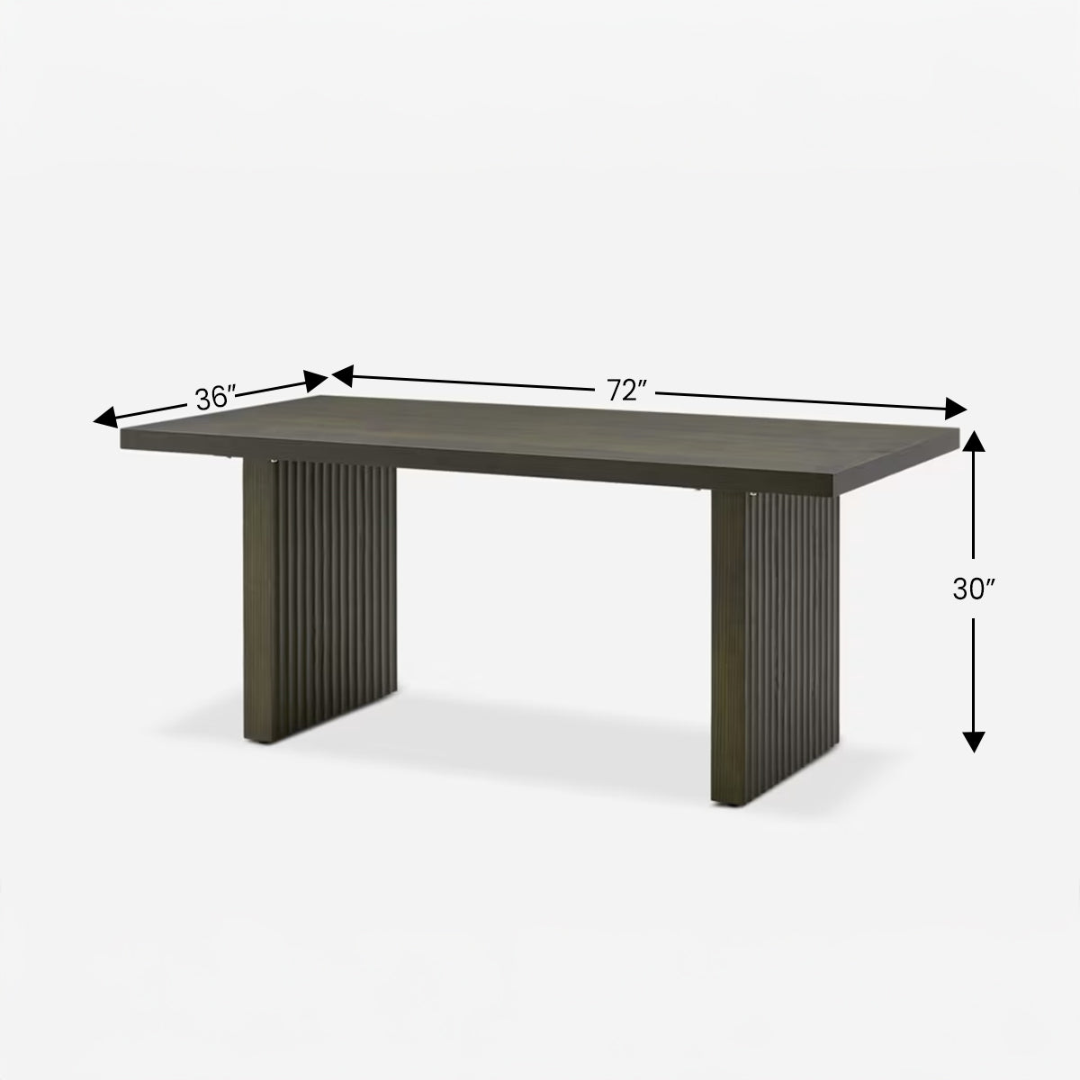 Dimensions for the Reede Fluted Dining Table: 72 inches long, 36 inches wide, 30 inches high.