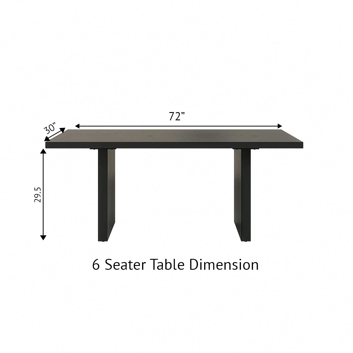 Detailed dimensions of 72-inch black 6-seater dining table, perfect for planning space.