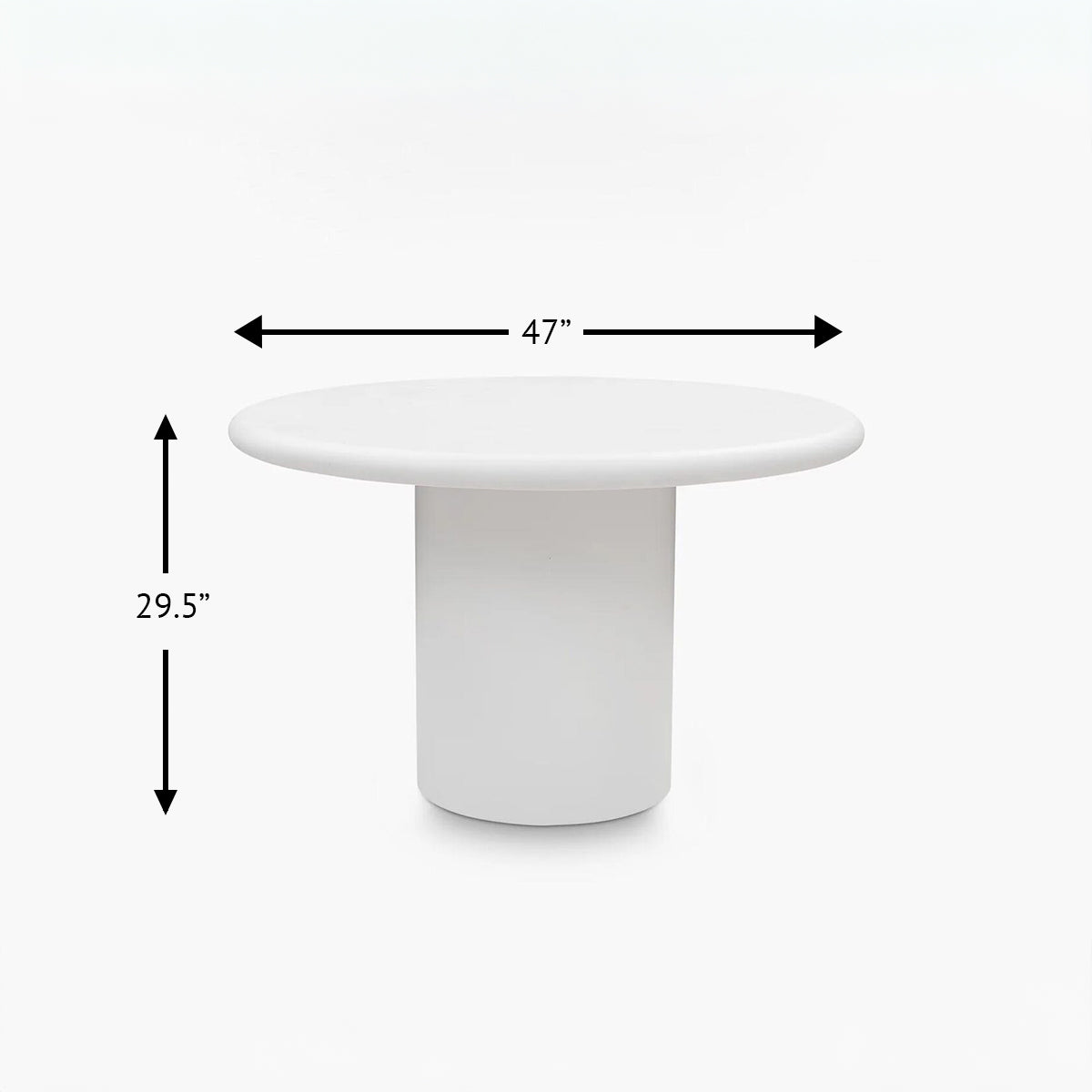 White round pedestal dining table with dimensions: 47" diameter, 29.5" height.